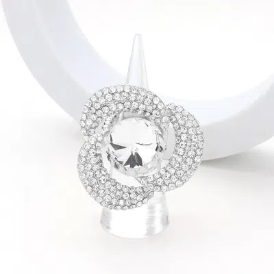 Fashnzfab Round Stone Centered Rhinestone Paved Flower Stretch Ring - Clear, Silver In Metallic