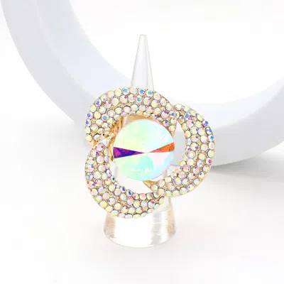 Fashnzfab Round Stone Centered Rhinestone Paved Flower Stretch Ring In Gray