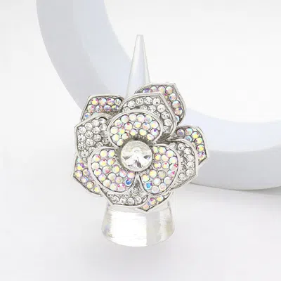 Fashnzfab Round Stone Centered Rhinestone Paved Flower Stretch Ring In Multi