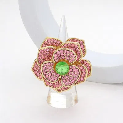 Fashnzfab Round Stone Centered Rhinestone Paved Flower Stretch Ring In Pink