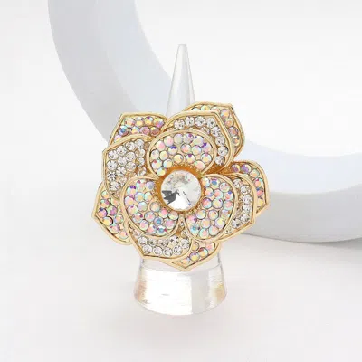 Fashnzfab Round Stone Centered Rhinestone Paved Flower Stretch Ring In Silver