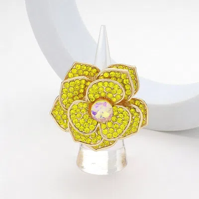 Fashnzfab Round Stone Centered Rhinestone Paved Flower Stretch Ring In Yellow