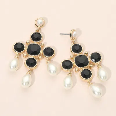 Fashnzfab Round Stone Chandelier Cross Pearl Link Drop Statement Earrings In Black