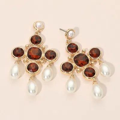 Fashnzfab Round Stone Chandelier Cross Pearl Link Drop Statement Earrings In Gold
