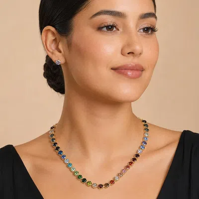 Fashnzfab Round Stone Cluster Link Tennis Chain Evening Necklace In Silver