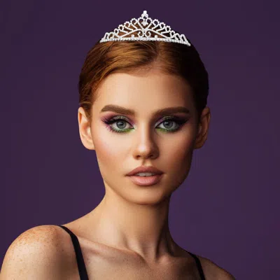 Fashnzfab Round Stone Cluster Pointed Rhinestone Paved Princess Tiara In White