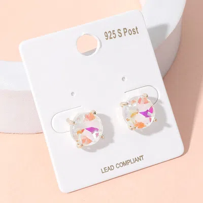 Fashnzfab Round Stone Cushion Stud Earrings - Ab, White In Silver