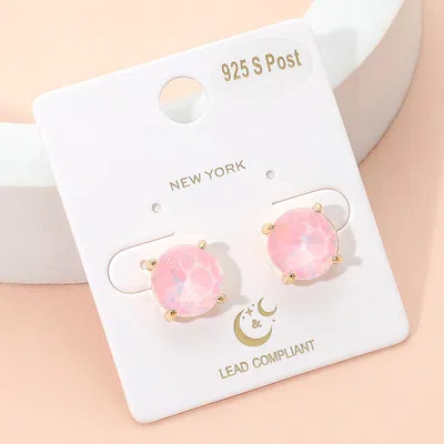 Fashnzfab Round Stone Cushion Stud Earrings - Opal, Pink