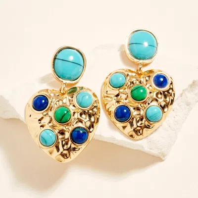 Fashnzfab Round Stone Embellished Textured Metal Heart Dangle Earrings In Gold