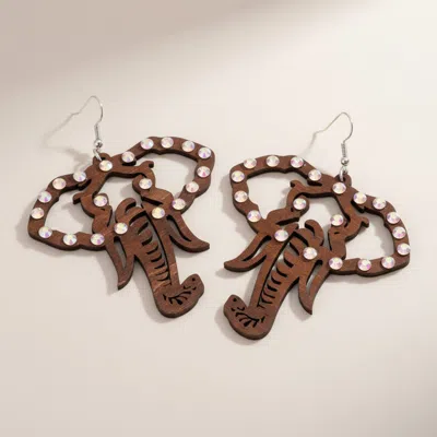 Fashnzfab Round Stone Embellished Wood Elephant Dangle Earrings In Brown