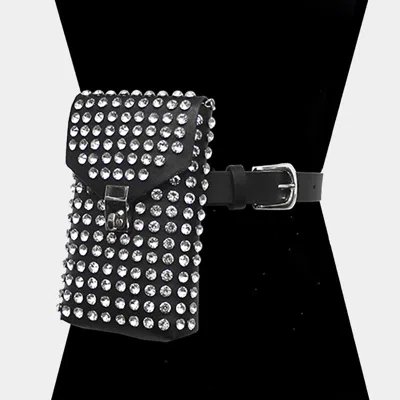 Fashnzfab Round Stone Faux Leather Fanny Pack / Belt / Crossbody Bag In Black