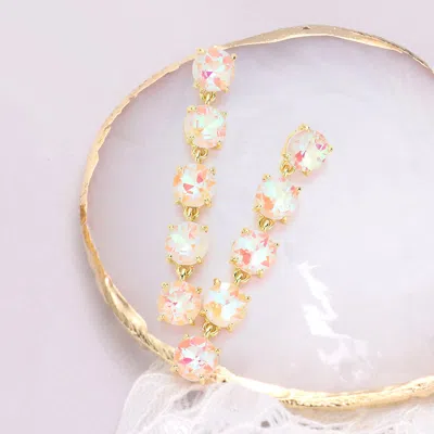 Fashnzfab Round Stone Link Dangle Evening Earrings - Ab, White In Gold