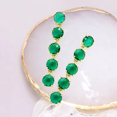 Fashnzfab Round Stone Link Dangle Evening Earrings - Emerald In Gold