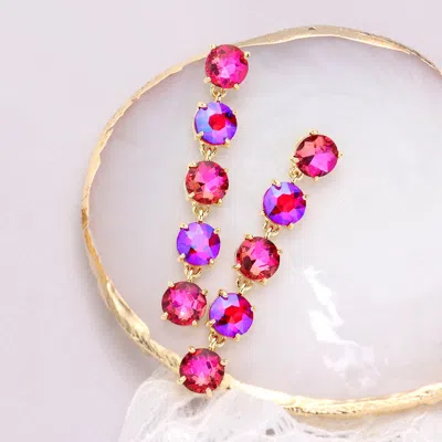 Fashnzfab Round Stone Link Dangle Evening Earrings - Fuchsia In Gold