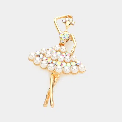 Fashnzfab Round Stone Pearl Embellished Ballerina Pin Brooch In Gold