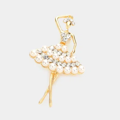 Fashnzfab Round Stone Pearl Embellished Ballerina Pin Brooch In Gold
