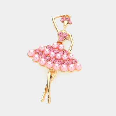 Fashnzfab Round Stone Pearl Embellished Ballerina Pin Brooch In Pink