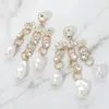 Fashnzfab Round Stone Pearl Link Dangle Earrings In Gold