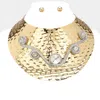 Fashnzfab Round Stone Pointed Abstract Mesh Metal Accented Hammered Metal Plate Statement Necklace In Gold
