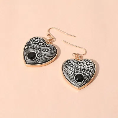 Fashnzfab Round Stone Pointed Antique Metal Heart Dangle Earrings In Black