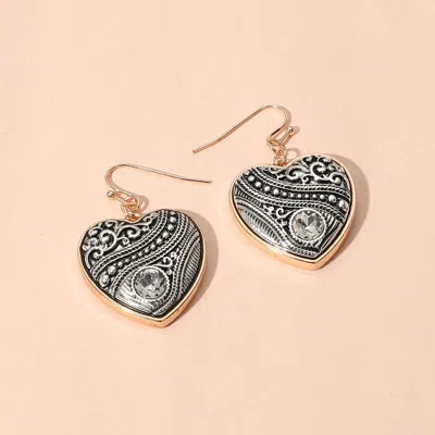 Fashnzfab Round Stone Pointed Antique Metal Heart Dangle Earrings In Silver