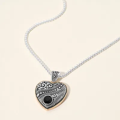 Fashnzfab Round Stone Pointed Antique Metal Heart Pendant Necklace In Black