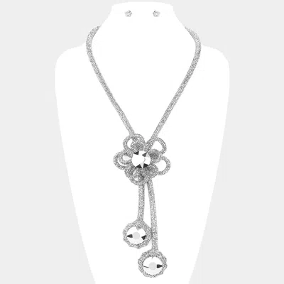 Fashnzfab Round Stone Pointed Bling Studded Flower Pendant Long Necklace - Silver In Metallic