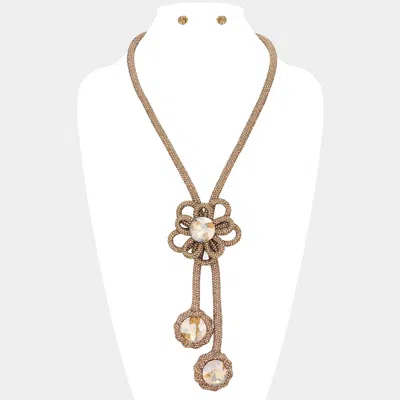 Fashnzfab Round Stone Pointed Bling Studded Flower Pendant Long Necklace In Brown
