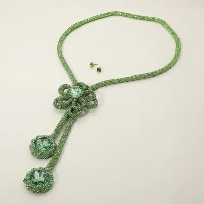 Fashnzfab Round Stone Pointed Bling Studded Flower Pendant Long Necklace In Green