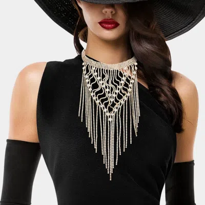 Fashnzfab Round Stone Pointed Long Dropped Rhinestone Fringe Choker Necklace In Metallic