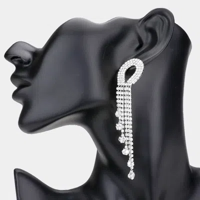Fashnzfab Round Stone Pointed Rhinestone Fringe Dangle Evening Earrings In Silver