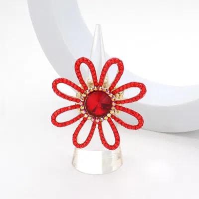 Fashnzfab Round Stone Pointed Rhinestone Paved Flower Stretch Ring - Red