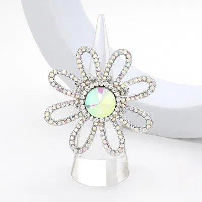 Fashnzfab Round Stone Pointed Rhinestone Paved Flower Stretch Ring In Black