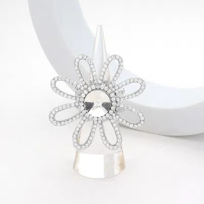 Fashnzfab Round Stone Pointed Rhinestone Paved Flower Stretch Ring - Clear, Silver