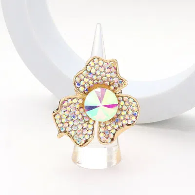Fashnzfab Round Stone Pointed Rhinestone Paved Flower Stretch Ring In Gold