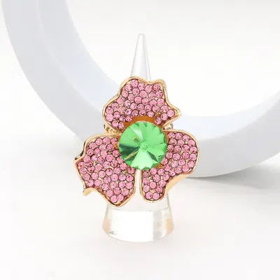 Fashnzfab Round Stone Pointed Rhinestone Paved Flower Stretch Ring In Green