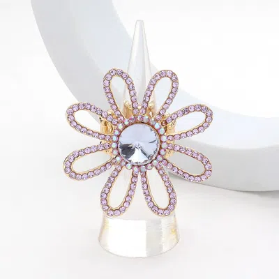 Fashnzfab Round Stone Pointed Rhinestone Paved Flower Stretch Ring In Pink