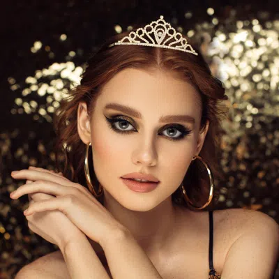 Fashnzfab Round Stone Pointed Rhinestone Paved Princess Tiara In Gold