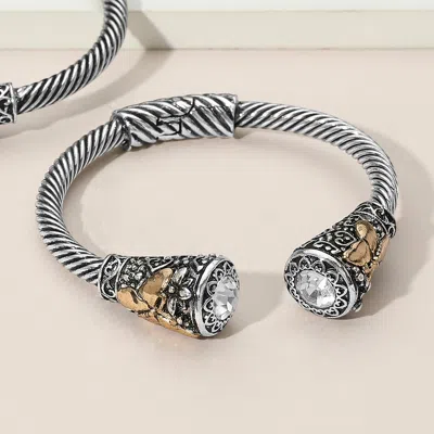 Fashnzfab Round Stone Tip Butterfly Flower Embossed Antique Metal Hinged Cuff Bracelet Antique Gold, Antique S In Metallic