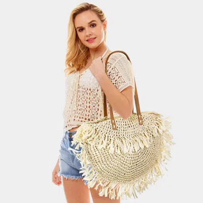 Fashnzfab Round Straw Fringe Bag In Sand