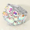 Fashnzfab Round Teardrop Oval Stone Embellished Wide Hinged Bangle Bracelet Ab, Rhodium In Multi