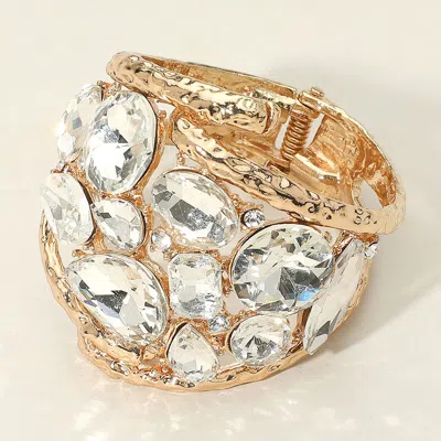 Fashnzfab Round Teardrop Oval Stone Embellished Wide Hinged Bangle Bracelet Clear, Gold In Multi