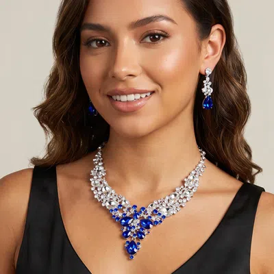 Fashnzfab Round Teardrop Stone Accented Evening Necklace In Blue