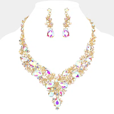 Fashnzfab Round Teardrop Stone Accented Evening Necklace In Pink