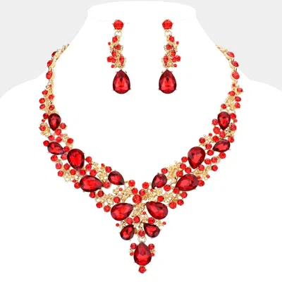 Fashnzfab Round Teardrop Stone Accented Evening Necklace In Red