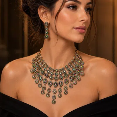 Fashnzfab Round Teardrop Stone Cluster Evening Bib Necklace In Gray