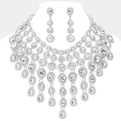 Fashnzfab Round Teardrop Stone Cluster Evening Bib Necklace In Silver