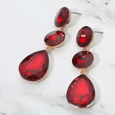 Fashnzfab Round Teardrop Stone Cluster Link Drop Evening Earrings - Red