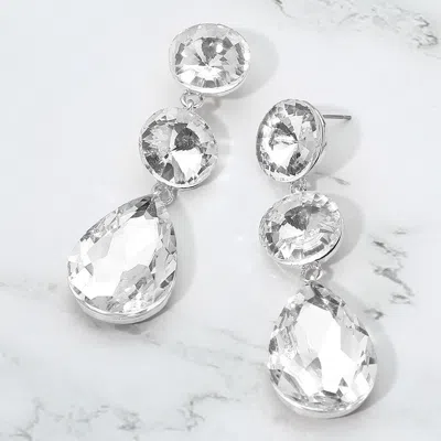Fashnzfab Round Teardrop Stone Cluster Link Drop Evening Earrings - Clear, Silver