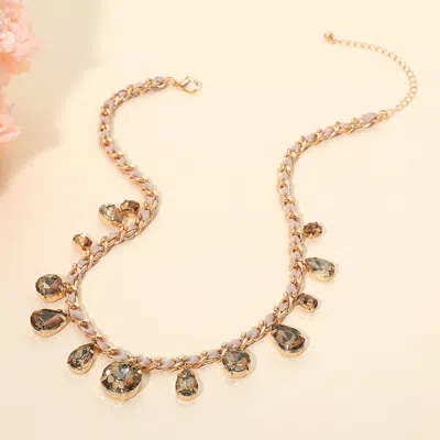 Fashnzfab Round Teardrop Stone Cluster Station Bow Braided Chain Necklace In Brown